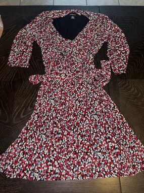 Liz Claiborne Red, Pink & White Floral Wrap Dress with Belt